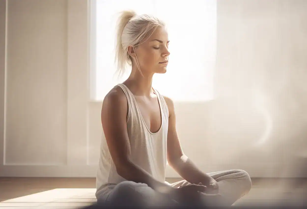 Yoga y meditación en un espacio luminoso en Loreto, promoviendo bienestar y relajación. Mujer practicando mindfulness en un ambiente tranquilo y calmado.