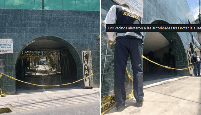 Puerta de acceso a la playa en Loreto, con perímetro restringido por cinta amarilla debido a una situación de seguridad en la zona.