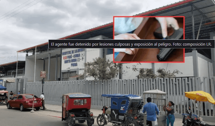 Detención policial por lesiones culposas en Loreto, Perú, con agentes de seguridad en acción frente a un edificio institucional.