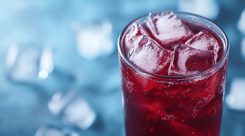 Refresco de jugo de fruta con hielo en un vaso transparente, refrescante y colorido, ideal para climas cálidos y para disfrutar con amigos en Loreto Noticias.