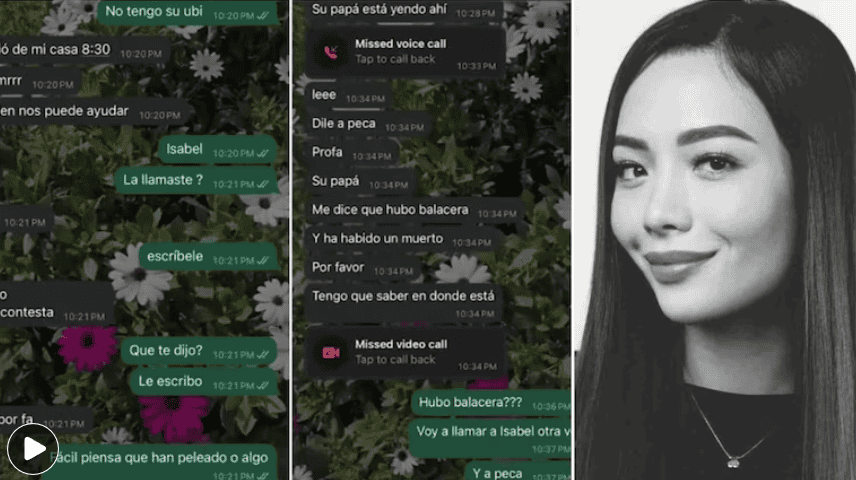 Diez de abril de 2023, captura de pantalla de una conversación de WhatsApp con mensajes en español, fondo con flores, imagen en blanco y negro de una mujer sonriendo, noticias de Loreto Noticias, actualidad y eventos en Loreto Perú.