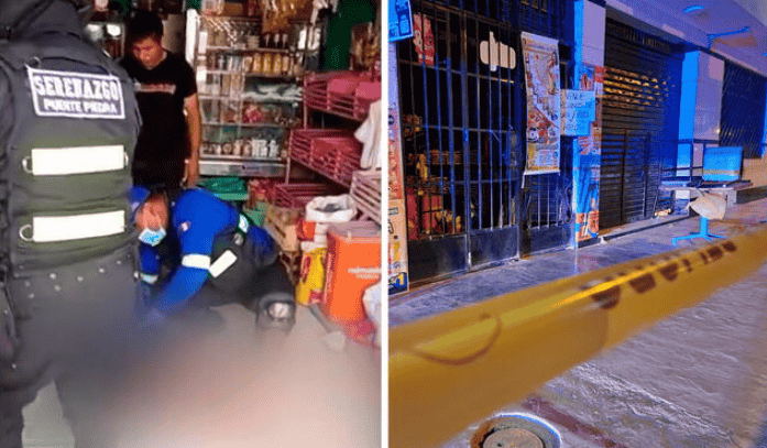 Policía inspecting escena del crimen en un comercio de Loreto, Perú, con evidencia de una posible situación de emergencia o delincuencia.