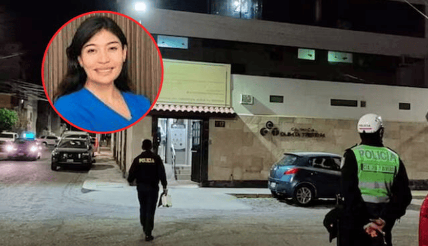 Dama policía en la escena del crimen frente a un edificio en Loreto Noticias.