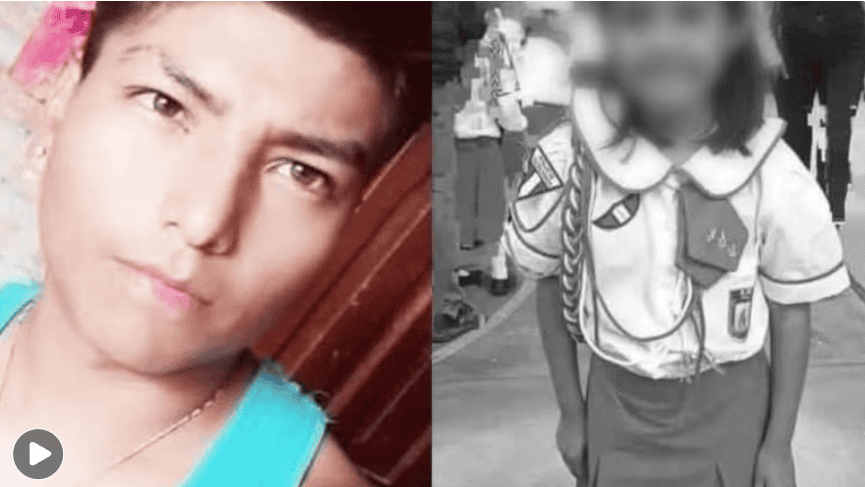 Joven mujer en foto, lado izquierdo en color, y niño en uniforme escolar en la calle en la imagen en blanco y negro, en un ambiente urbano, en el contexto de noticias de Loreto Noticias.