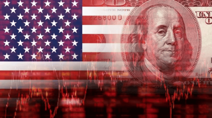 Dólar estadounidense con bandera de EE. UU. y gráficos económicos, representando economía, finanzas y mercado de divisas en Loreto Noticias.