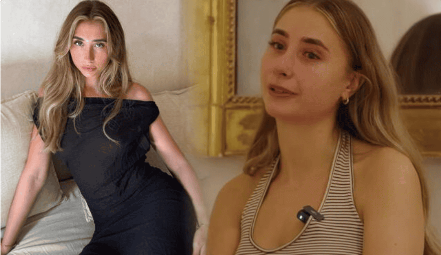 Linda mujer joven con cabello largo rubio y ojos claros, posando en un ambiente interior elegante y moderno.