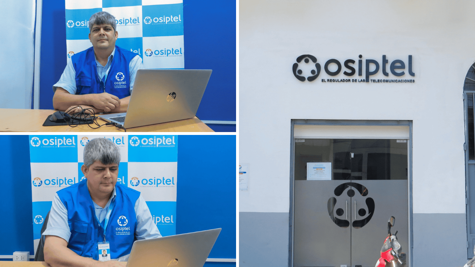 Operador de telecomunicaciones en oficina de Osiptel, entidad reguladora del sector telecomunicaciones en Perú, trabajando en su computadora con logos de Osiptel en fondo azul.