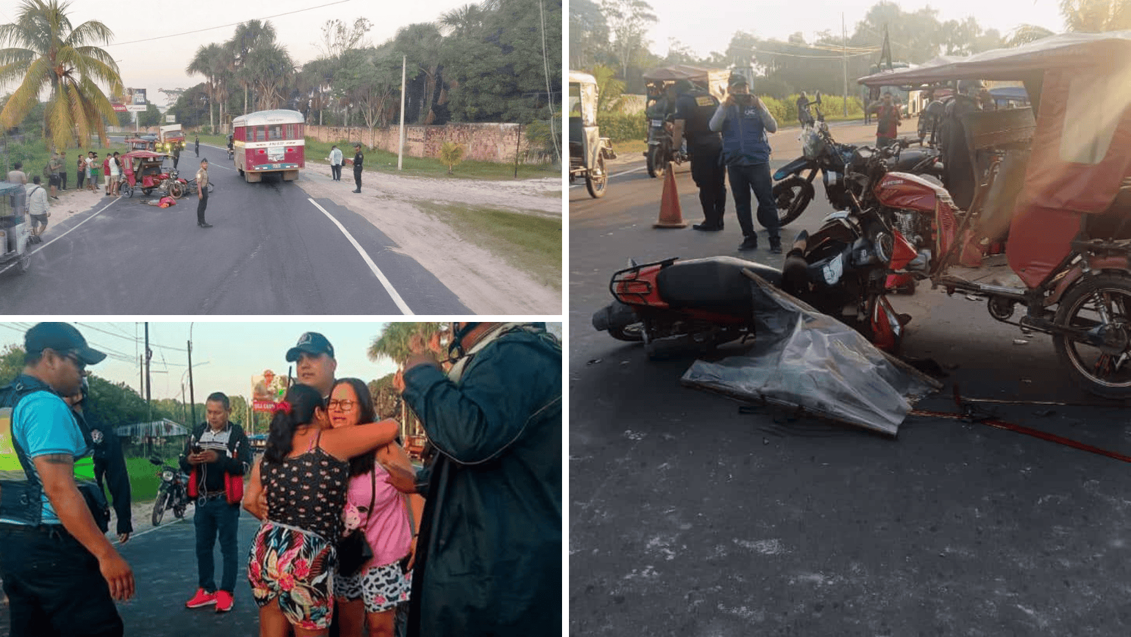 Accidente de tránsito en Loreto, Perú, con motocicleta y vehículo involucrados, presencia de autoridades y personas afectadas, reporte de emergencia y escenas del accidente para noticias locales.