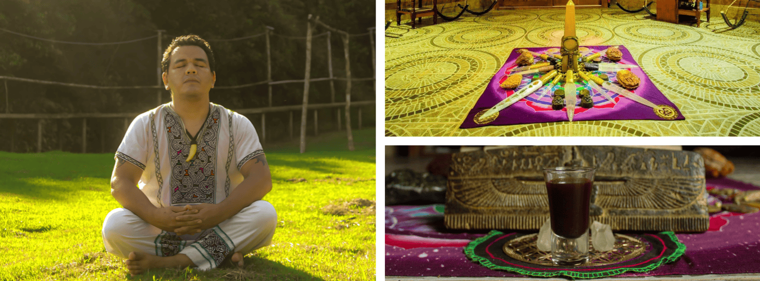 Invocación indígena en interior de iglesia católica con ofrendas y objetos ceremoniales, tradición ancestral cultural en Loreto Perú.