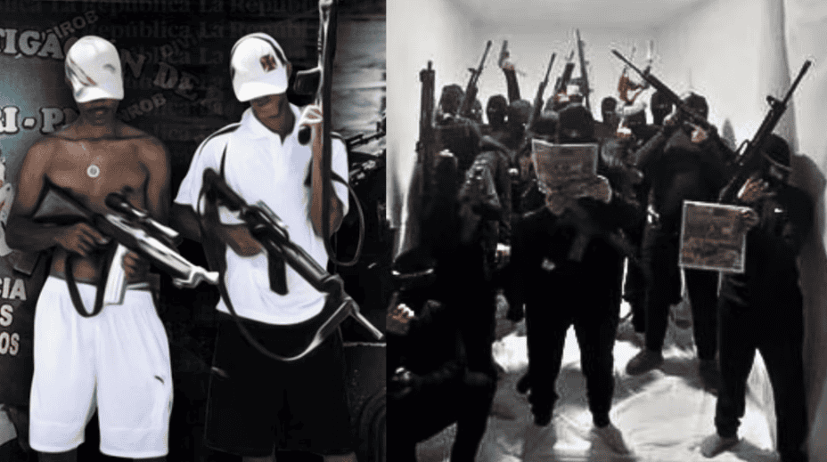 Armados y en actitud desafiante, jóvenes en una protesta con armas de fuego y carteles en un espacio cerrado en Loreto, Perú. La imagen refleja la crisis de seguridad y la violencia en la región.
