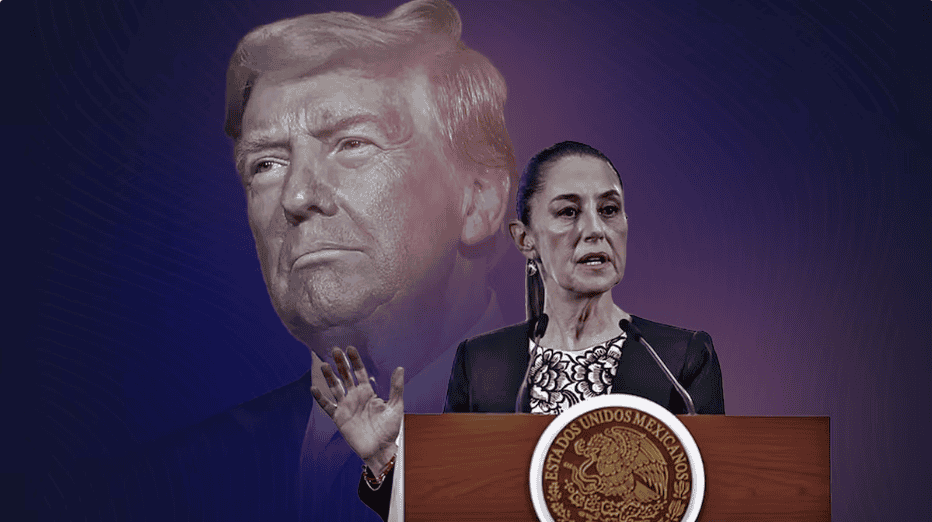 Trump y una mujer en un podio con el escudo de México detrás, en una conferencia de prensa.