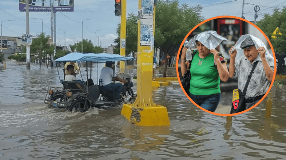Calle inundada por lluvia intensa en Loreto, Perú, con motos y personas atravesando el agua, reporte de inundaciones y efecto del clima extremo en la región.