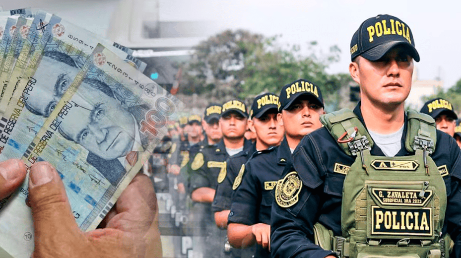 Dinero en efectivo frente a una fila de policías en uniforme, destacando temas de seguridad y economía en Loreto, Perú.