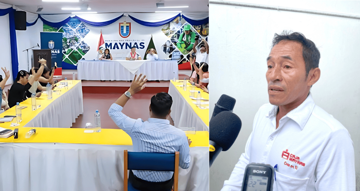 Reunión de autoridades municipales durante sesión del consejo en Maynas, Loreto, Perú. Participantes discuten temas importantes en un ambiente formal y oficial.