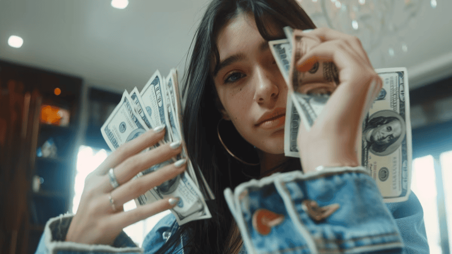 Dinero en efectivo, mujer con billetes de USD en las manos, estilo moderno, expresión confiada, fondo de interior de ambiente urbano y luz natural.