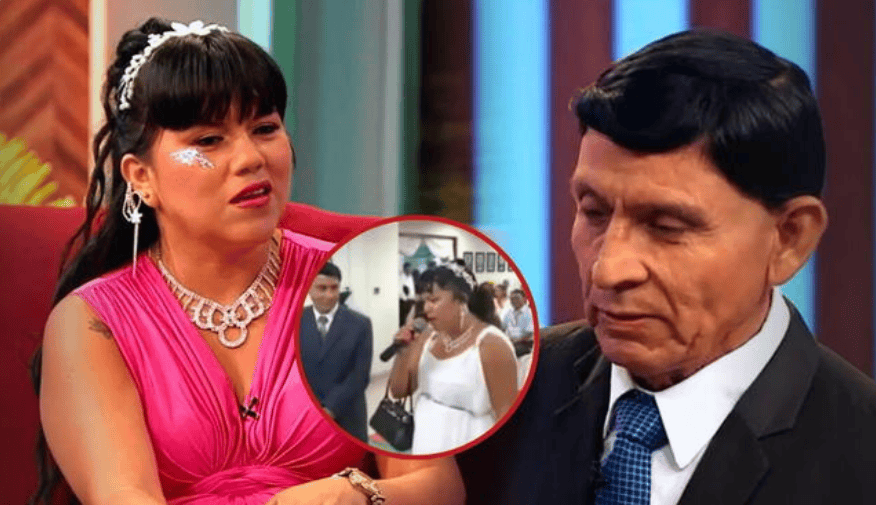 - Mujer llorando en programa de televisión, con mujer en vestido blanco y audiencia en fondo, en Loreto Noticias.