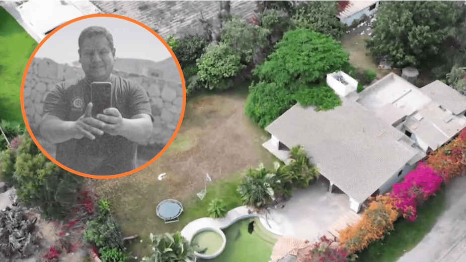 Resumen de una casa moderna en Loreto, Perú con vista aérea y un hombre tomando selfie en un círculo en la esquina superior izquierda.