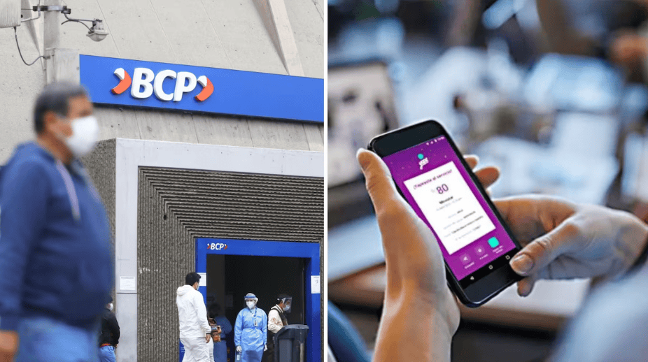 BCP agencia bancaria en Loreto con personas esperando atención y una persona usando una billetera digital en un teléfono móvil con una interfaz de pago electrónico.