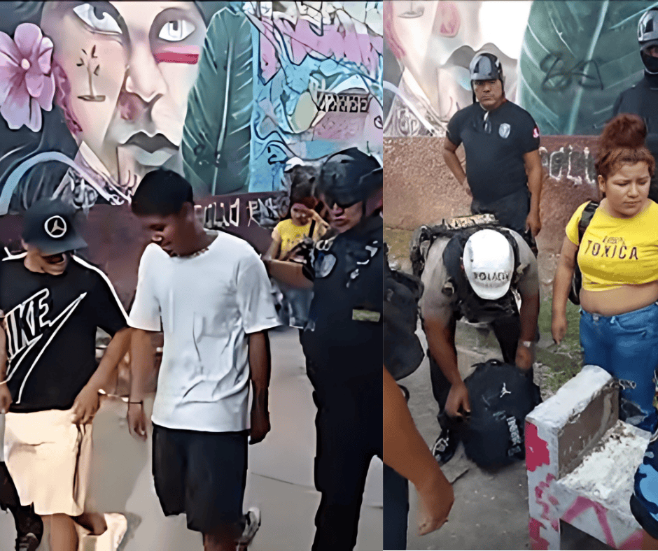 Hombre siendo detenido por policías en una manifestación en Loreto, Perú, con grafiti y arte urbano de fondo.