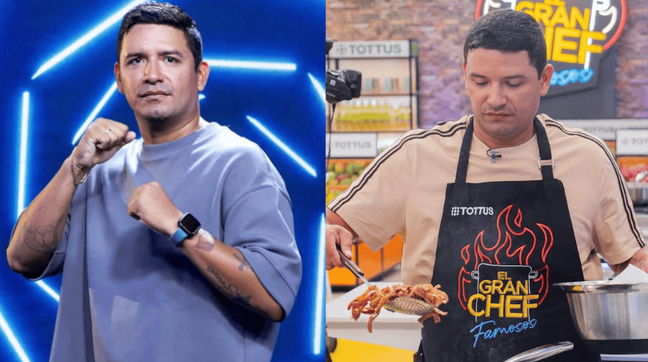 Quechua man posing with fists raised in front of neon lights.