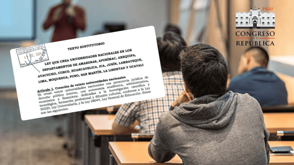 Ley de creación de universidades nacionales en Perú, noticia de Loreto Noticias, con discusión sobre la ley que crea 20 universidades públicas en varias regiones del país.