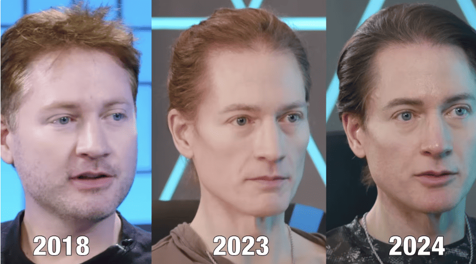 Desarrolla nueva versión del rostro del actor en diferentes años: 2018, 2023 y 2024, mostrando cambios en su apariencia con avances tecnológicos.