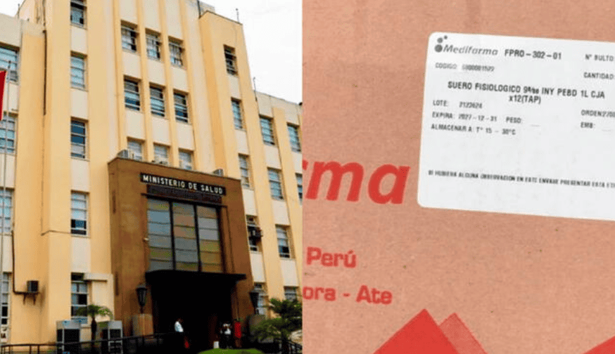 Farmacia del Ministerio de Salud en Lima, Perú, con recorte de muestra de un medicamento y envase. Imagen de un edificio gubernamental con cartel, mostrando servicios de salud y farmacia.
