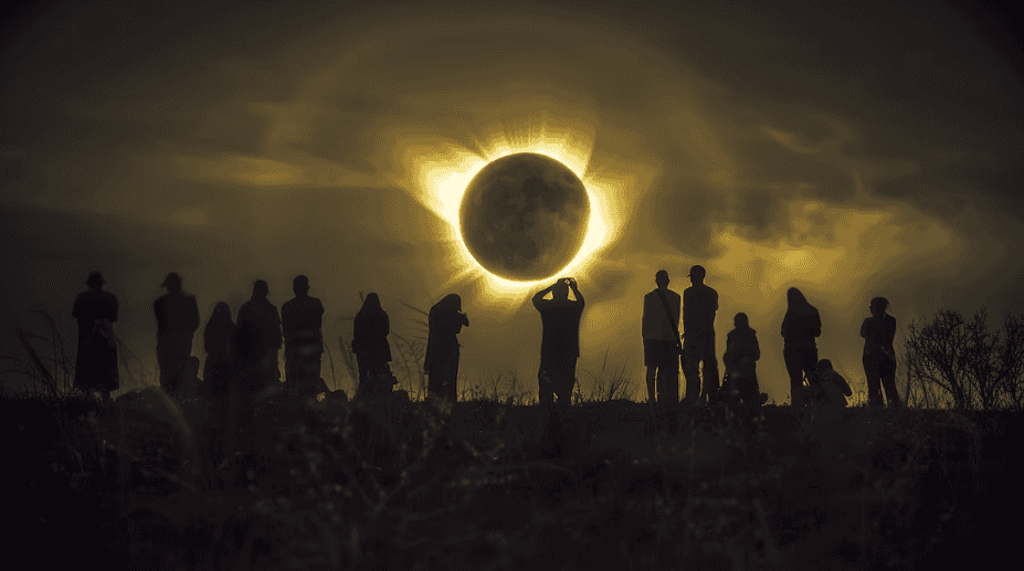 Espectáculo natural del eclipse solar visto por varias personas en un paisaje oscuro en Loreto Noticias.