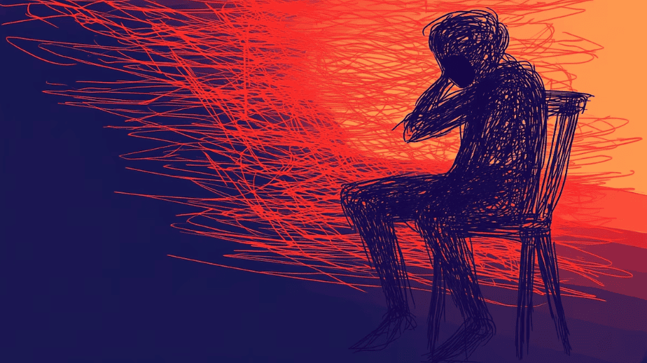 Cargando saliente de una persona pensativa en un fondo abstracto de líneas rojas y azules, representando reflexión y contemplación en el contexto de noticias de Loreto.