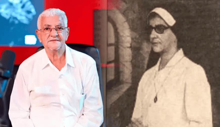 Anciano en estudio de radio con fondo digital, en contraste con foto antigua en blanco y negro de joven con gafas de sol, resaltando historia y tradición en Loreto Noticias.