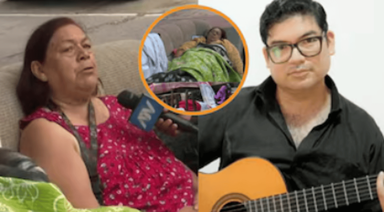 Señora siendo entrevistada por un microfono de medios locales en su sala, acompañada por una persona con guitarra, escena de eventos sociales en Loreto Noticias.