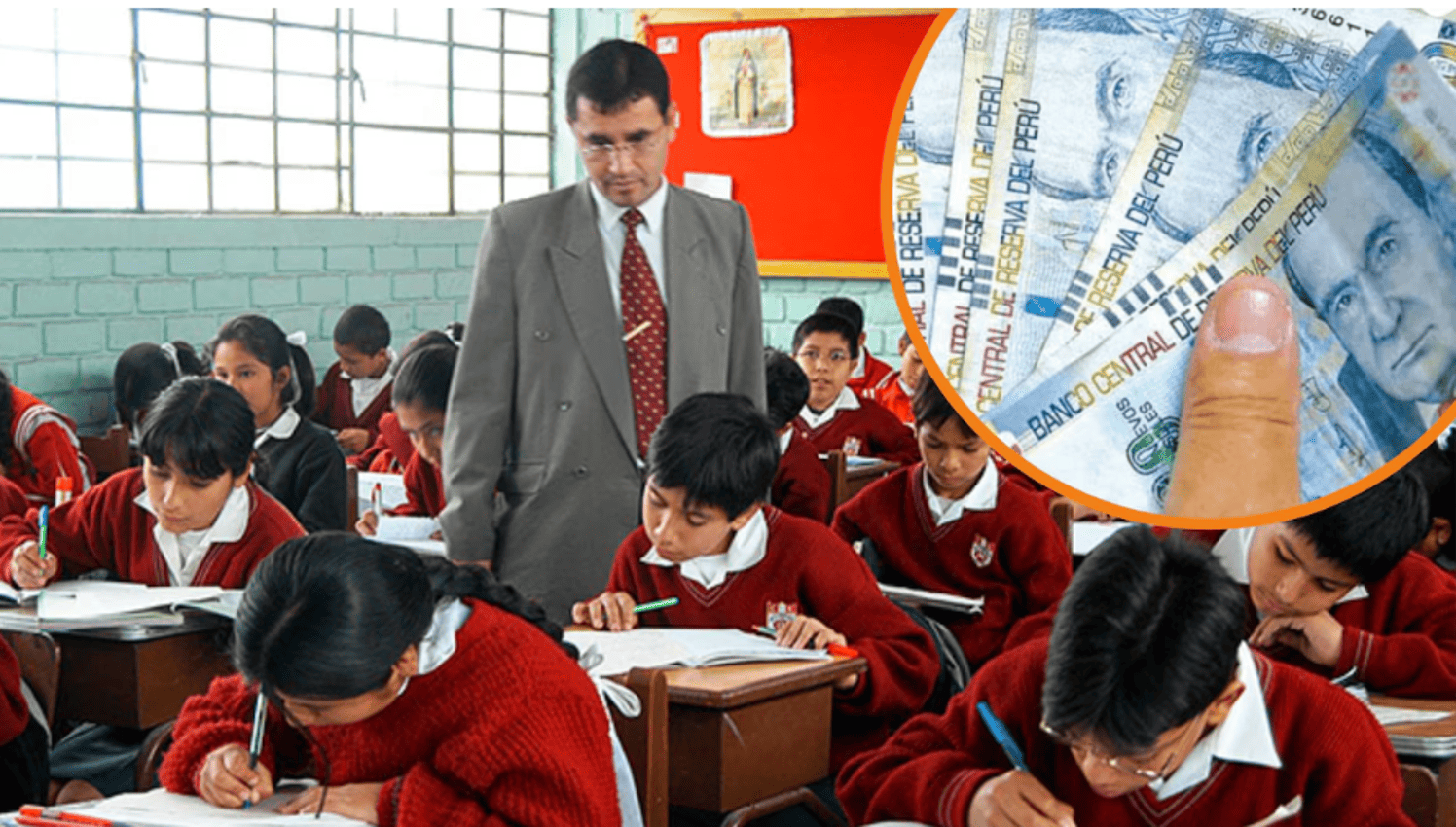 Dinero en billetes de S/.100 en primer plano, con niños estudiando en aula escolar en Loreto, Perú, representando el financiamiento educativo y crecimiento económico en la región.