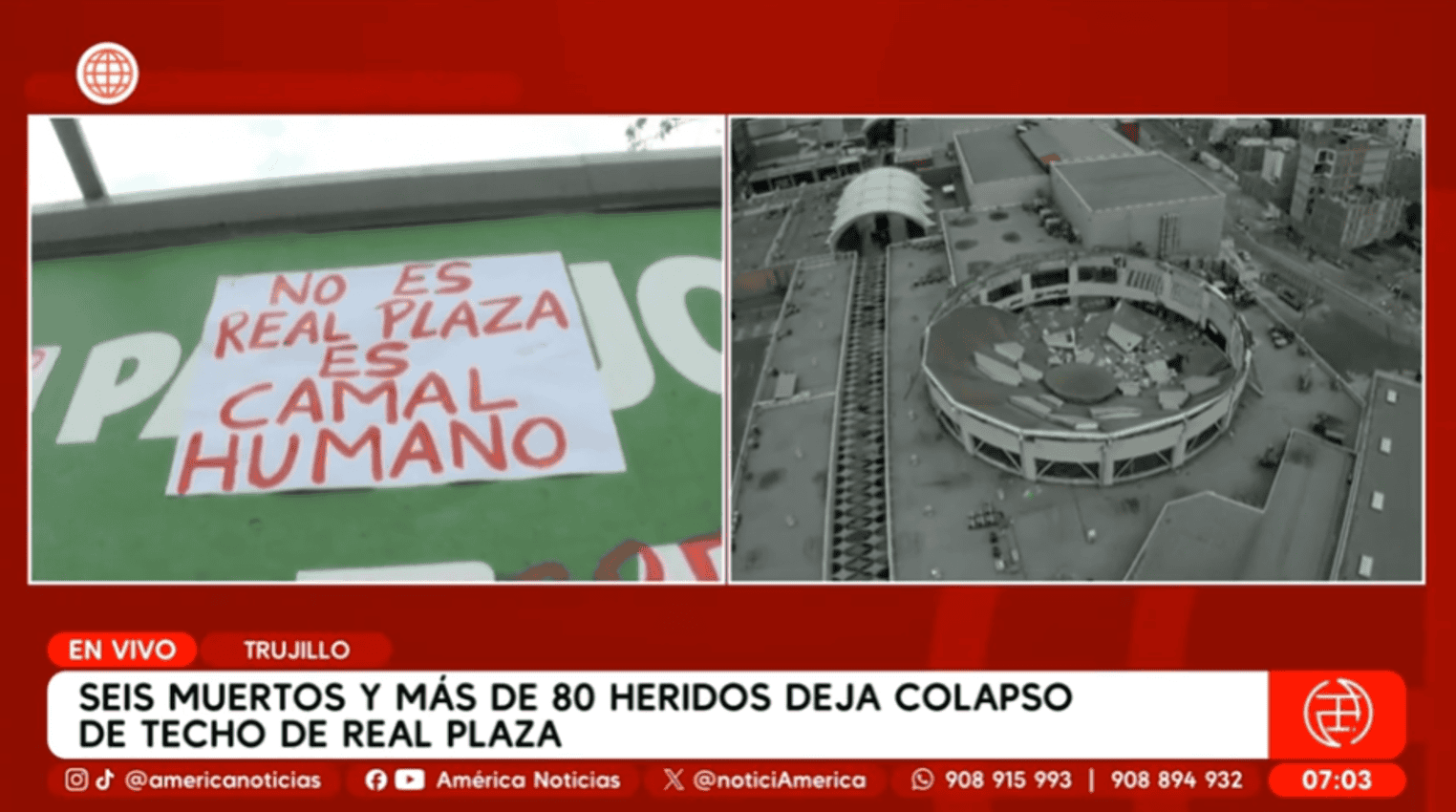 Muestre un cartel que dice "No es real plaza, es Camal humano" en una calle de Trujillo, Perú, durante la cobertura de un colapso en el techo de Real Plaza, con movimientos de noticias de emergencia y rescate.