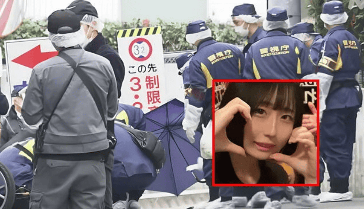 Robo en Japón con policías y trabajador en escena, mujer haciendo señal de corazón en primer plano, noticias de Loreto Noticias en Perú, cobertura de incidente en Japón, actualidad y seguridad pública.