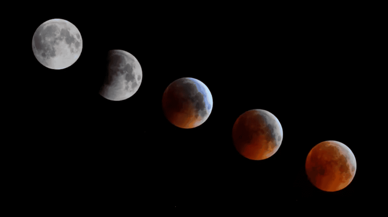 Líneas de una eclipse lunar en diferentes fases, mostrando la transición de la luna en color plata, gris, azul y rojo, sobre un fondo negro. Imágenes astronómicas con relevancia para noticias de ciencia y espacio.