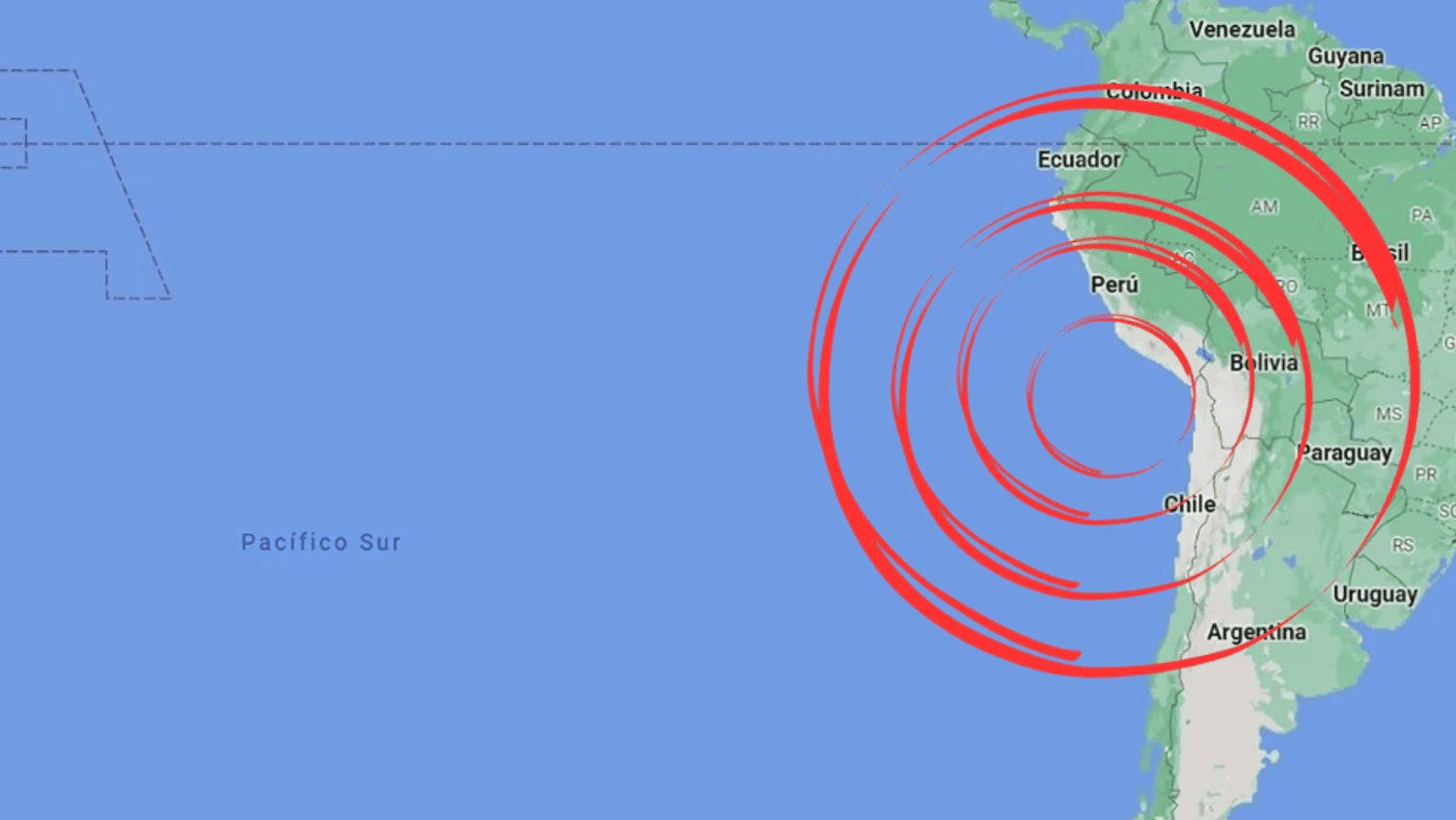 Terremoto en la región andina de Sudamérica, afectando países como Perú, Bolivia y Chile, con epicentro en la zona del Pacífico Sur, causando alerta en las comunidades cercanas.