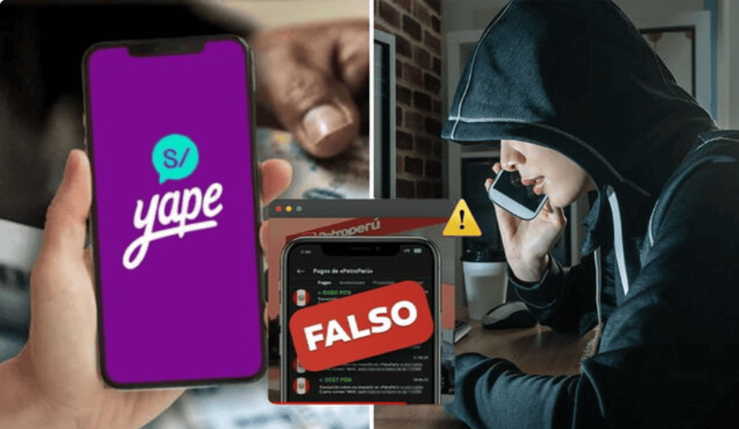 Yape app móvil y estafador en línea, advertencia sobre fraude digital, joven en hoodie usando teléfono inteligente y pantalla con mensaje falso, prevención de cibercrimen en Loreto Noticias.