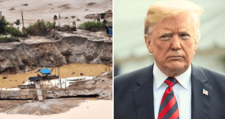 Construcción de un proyecto hidroeléctrico en una zona arenosa y afectada por inundaciones en Loreto, Perú. | Retrato de Donald Trump con expresión seria, vistiendo traje y corbata, en un acto oficial.
