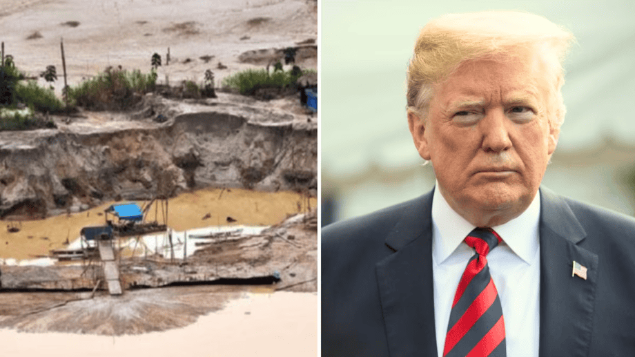 Construcción de un proyecto hidroeléctrico en una zona arenosa y afectada por inundaciones en Loreto, Perú. | Retrato de Donald Trump con expresión seria, vistiendo traje y corbata, en un acto oficial.