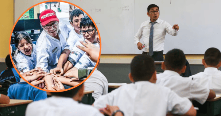 Estudiantes felices en clase con maestro explicando temas académicos, promoviendo educación de calidad y participación estudiantil en Loreto.