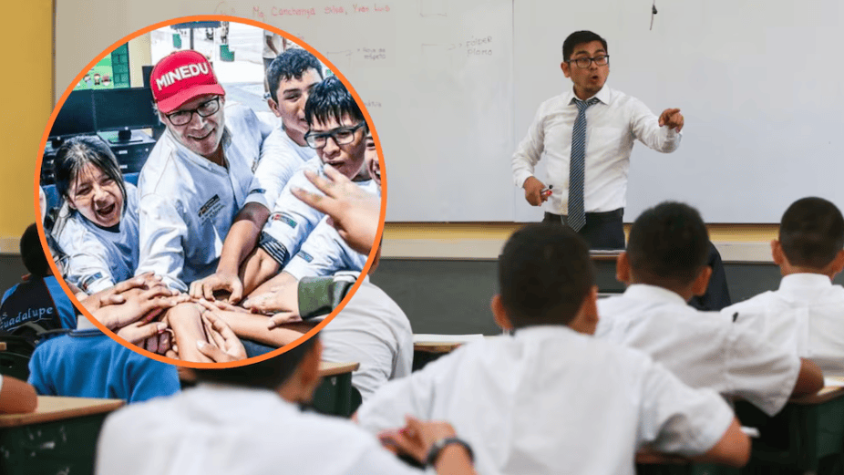 Estudiantes felices en clase con maestro explicando temas académicos, promoviendo educación de calidad y participación estudiantil en Loreto.