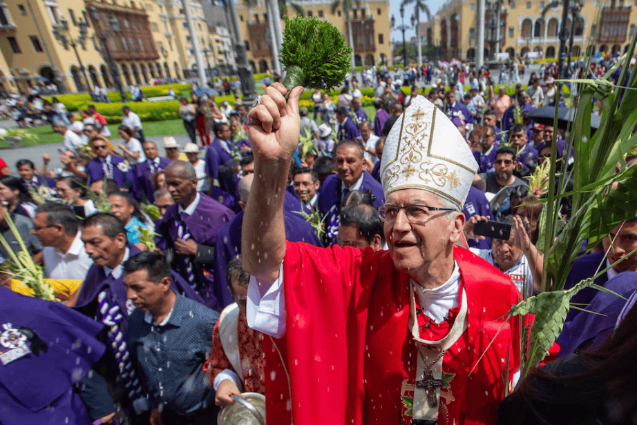 Celebración religiosa en Loreto con sacerdote en vestimenta tradicional y feligreses en color morado en una procesión llena de alegría y devoción.