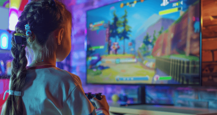 Jugadora de videojuegos en consola jugando un popular juego en una pantalla de alta definición en un entorno colorido y moderno.