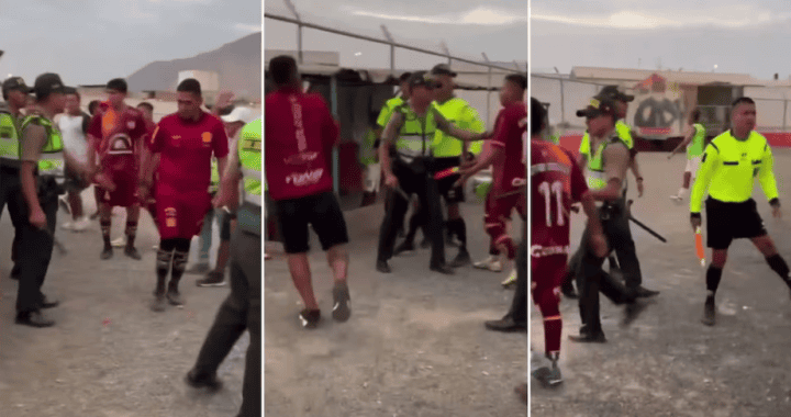 Policías y jugadores de fútbol en una situación de altercado durante un partido en Loreto Noticias, en un escenario abierto con cielo nublado.