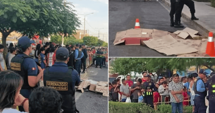 Policías y comunidad en escena tras un incidente en Loreto, Perú, con presencia de oficiales de serenazgo y tapias de advertencia en la vía, generando expectación y atención local.