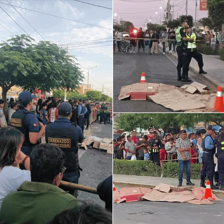 Policías y comunidad en escena tras un incidente en Loreto, Perú, con presencia de oficiales de serenazgo y tapias de advertencia en la vía, generando expectación y atención local.
