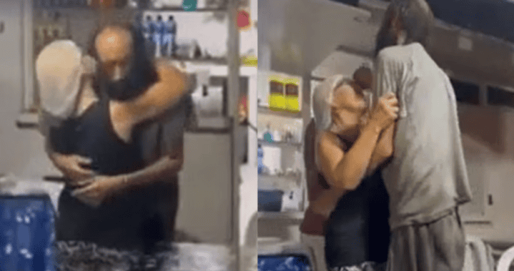 Abrazos emotivos entre dos personas en un establecimiento comercial, mostrando un momento de reencuentro, afecto y cercanía en Loreto Noticias.