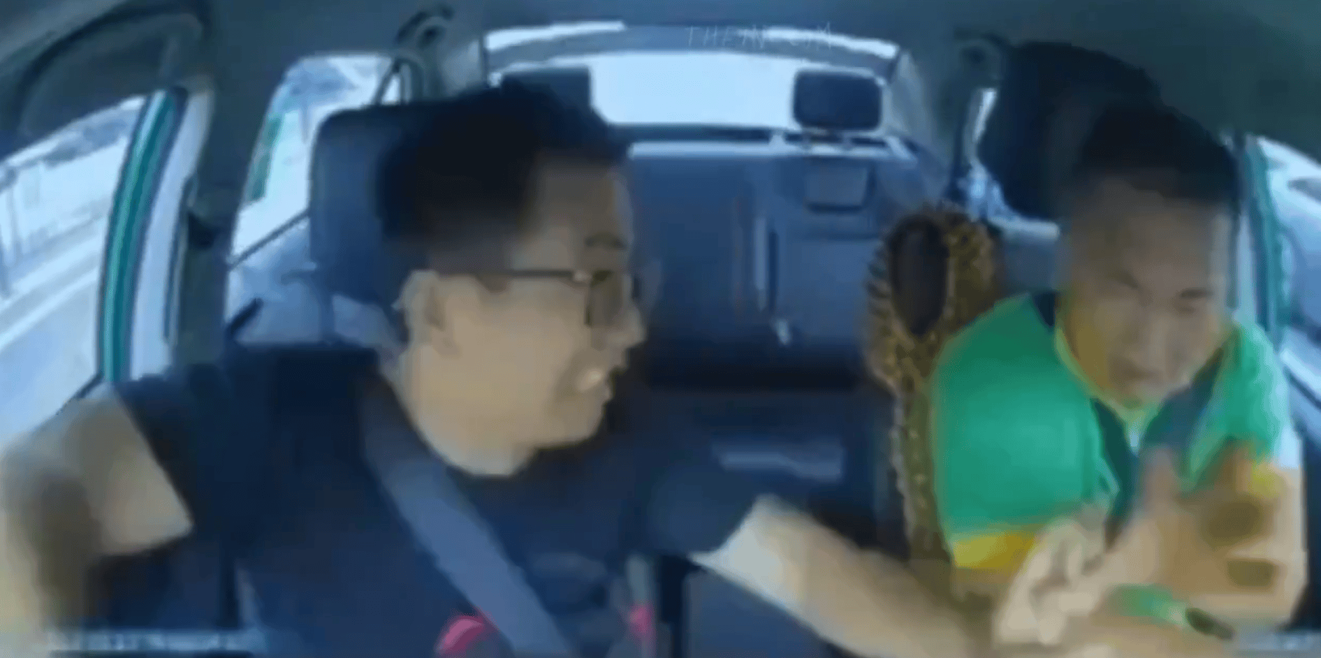 Un joven y un niño disfrutando de un paseo en auto, compartiendo un momento alegre y divertido en un vehículo en movimiento.