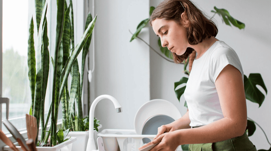 Lavado de platos en cocina moderna con plantas verdes naturales en ventana, mujer joven lavando utensilios en ambiente luminoso y ordenado, tendencia de estilo de vida saludable y ecológico.