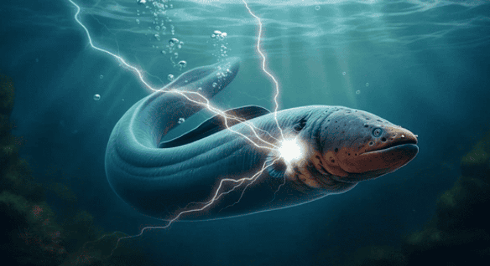 Tormenta eléctrica en el océano con un pez eléctrico generando descargas de rayos bajo el agua, ilustración digital de fenómenos marinos y fenómenos naturales en Loreto Noticias.